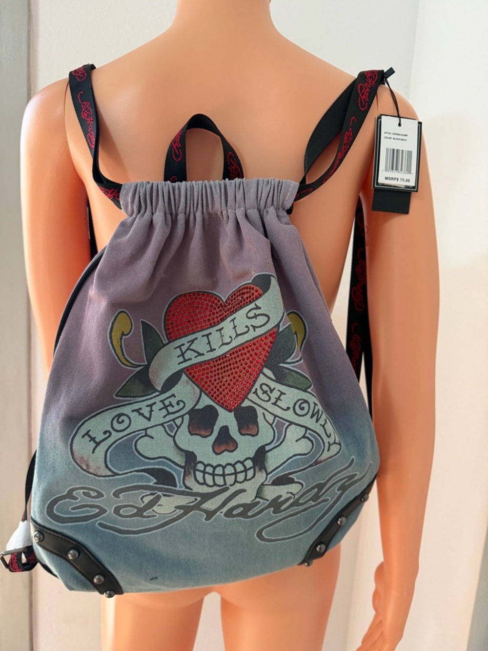 Ed Hardy Skull Heart Rhinestone Drawstring Backpack NWT - Picture 4 of 8